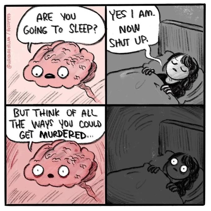 @HannahHillam comic depicting a conversation between herself and her brain at night.